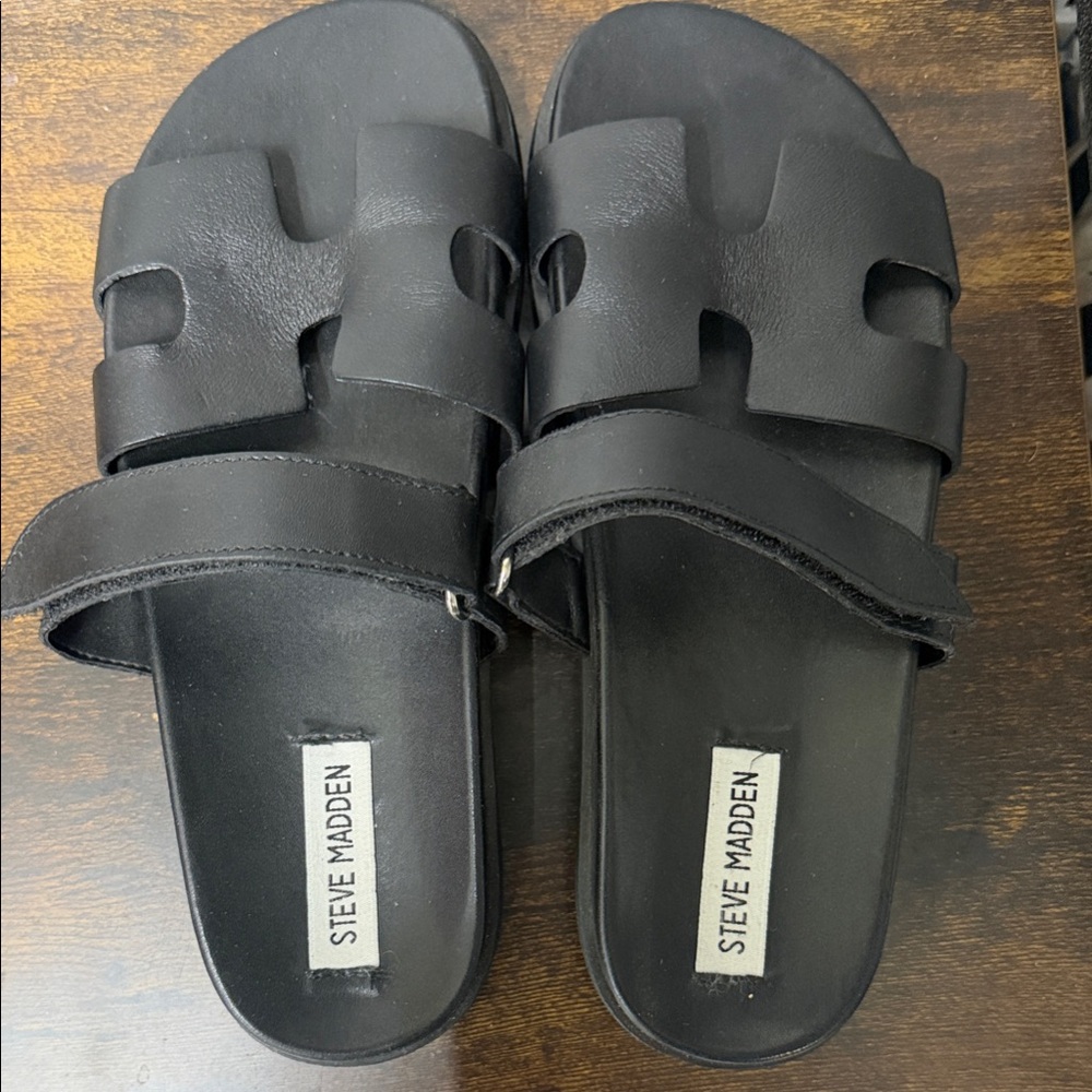 Steve Madden Black Leather-Look Slide Sandals